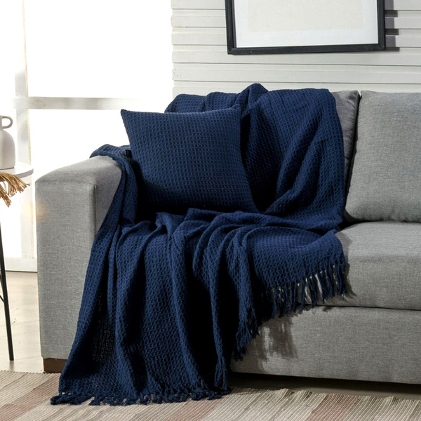 Manta Decorativa Para Sofá Boho Favo De Mel Marinho Algodão -