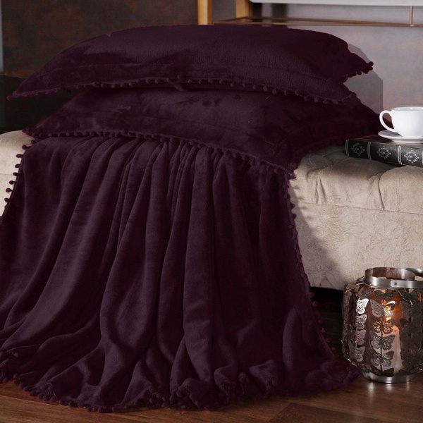 Manta Fleece Plush Pesado Com Pompom Queen 3 Peças Beterraba