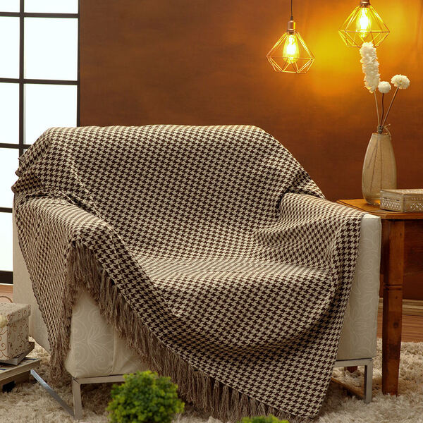 Manta Para Sofá Dupla Face Jacquard Pied De Poule Marrom/bege