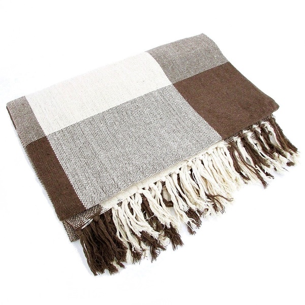 Manta Para Sofá Em Algodão Marrom Com Cru Xadrez 2,40 X 1,80