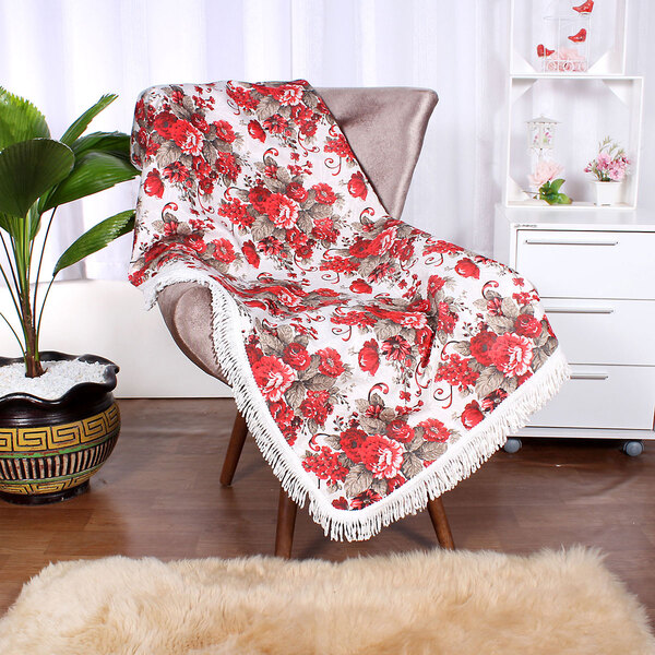 Manta Sofá Decorativa Fiori Vermelha 1,50m X 1,50m Tecido Jac