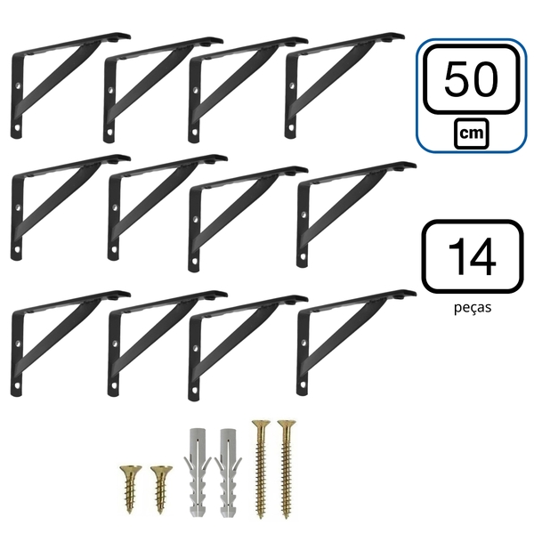 Mão Francesa 50 Cm 14pcs Suporte Cantoneira Prateleira Preta
