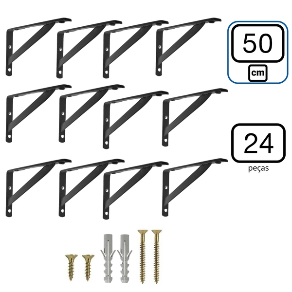 Mão Francesa 50 Cm 24pcs Suporte Cantoneira Prateleira Preta