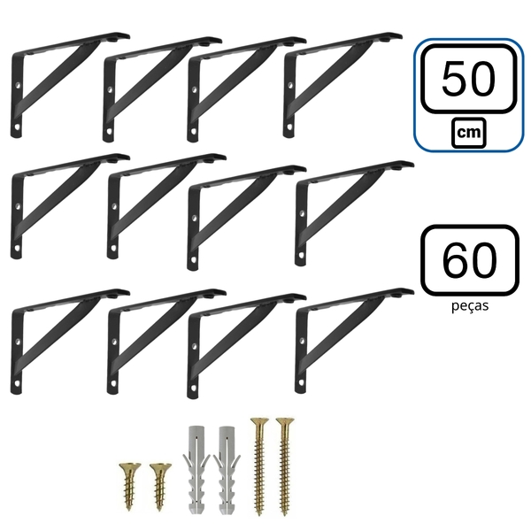 Mão Francesa 50 Cm 60pcs Suporte Cantoneira Prateleira Preta
