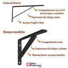 Mão Francesa Reforçada 40cm 12un Preta Cantoneira Prateleira