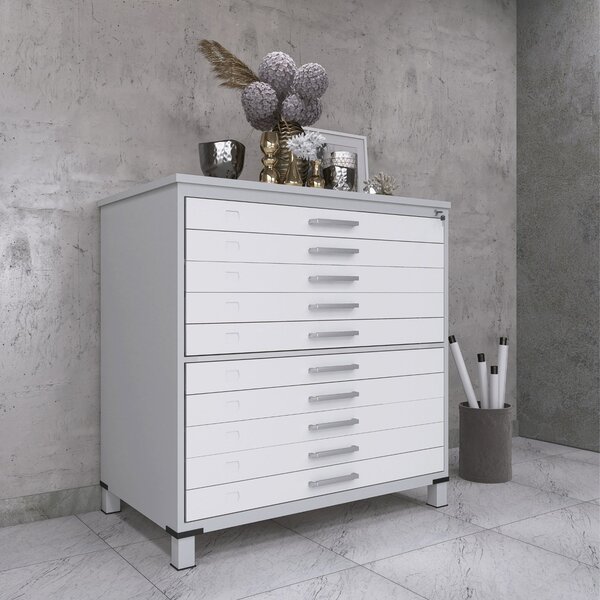 Mapoteca 10 Gavetas Map10 120,4cm X 122,3cm Aço Cinza/branco