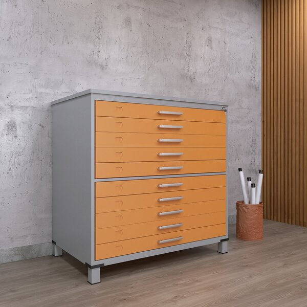 Mapoteca 10 Gavetas Map10 120,4cm X 122,3cm Aço Cinza/laranja