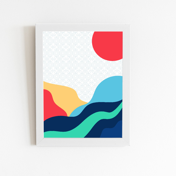 Mar E Sol Arte Abstrato Quadro Moldura Branca 60x40cm