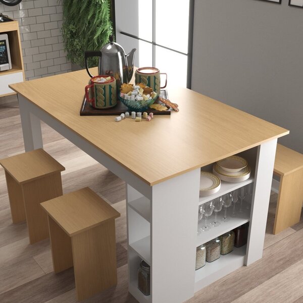 Mesa 140 Cm Com 4 Banquetas E Prateleira Esmeralda Branco