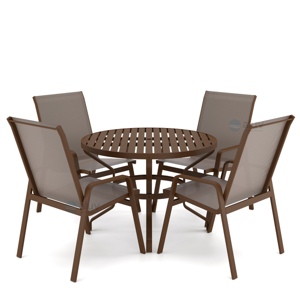 Mesa 4 Cadeiras Ripado Piscina Alumínio Marrom E Tela Fendi