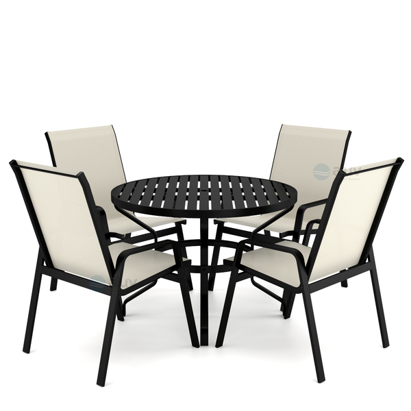 Mesa 4 Cadeiras Ripado Piscina Alumínio Preto E Tela Bege