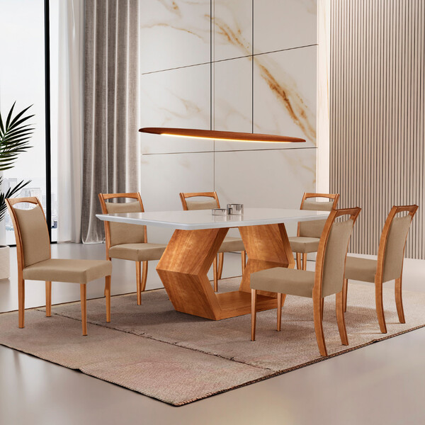 Mesa Ane 180 Tampo Laqueado Com Vidro Com 6 Cadeiras Munique