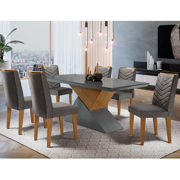 Mesa Aster 180 Tampo Em Mdf E Vidro Com 6 Cadeiras Liz Moderna