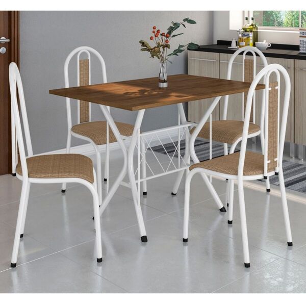 Mesa Bruna T01 Com 4 Cadeiras 058  Rattan Branco Liso 91 Cm