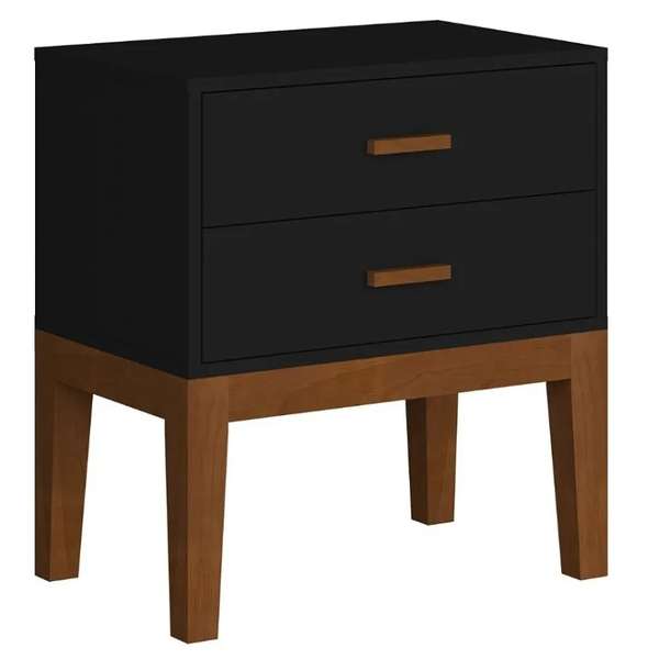 Mesa Cabeceira 2 Gavetas Vintage Preto Pés Em Madeira