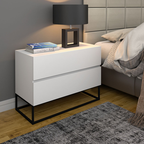 Mesa Cabeceira Estilo Industrial 2 Gavetas Eros 60cm Branco