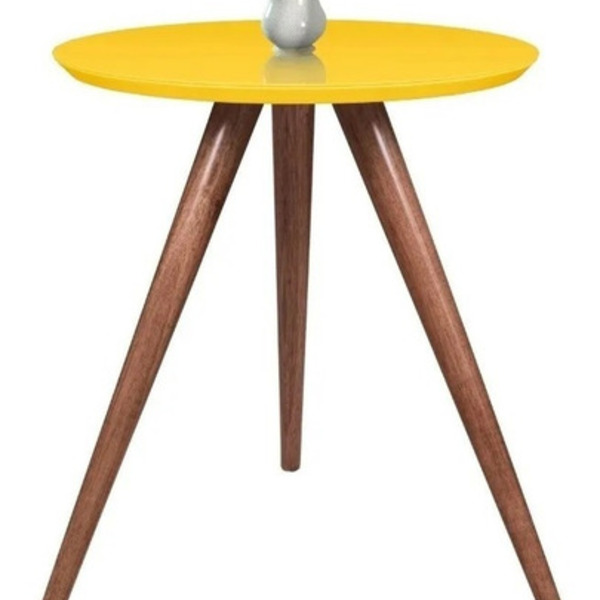 Mesa Canto Lateral  Pés Palito Redonda Tampo Vidro Laqueado