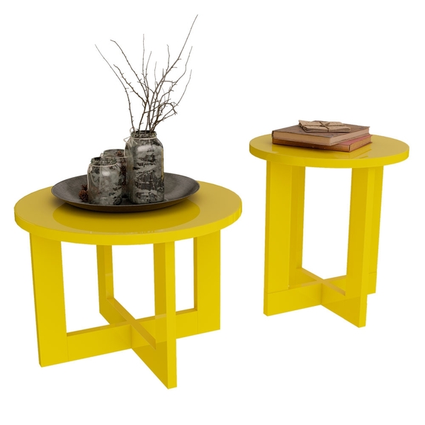 Mesa Centro Luxo 8001 e Mesa Lateral 8002 Amarelo Brilhante