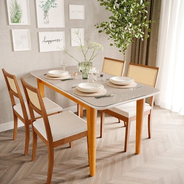 Mesa Com 4 Cadeiras Madeira Maciça Tampo Mdf E Vidro 160cm Tangará Tiê ...