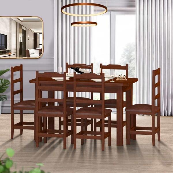Mesa Com 6 Cadeiras Estofadas Madeira Maciça Castanho Marrom