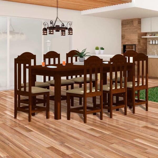 Mesa Com 8 Cadeiras Madeira Maciça Castanho Assento Estofado