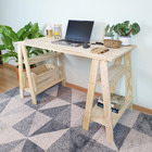 Mesa Com Cavaletes Com Prateleira Em Madeira Natural