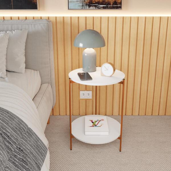 Mesa De Apoio Lateral Duda Branco Com Pés De Ferro Bronze