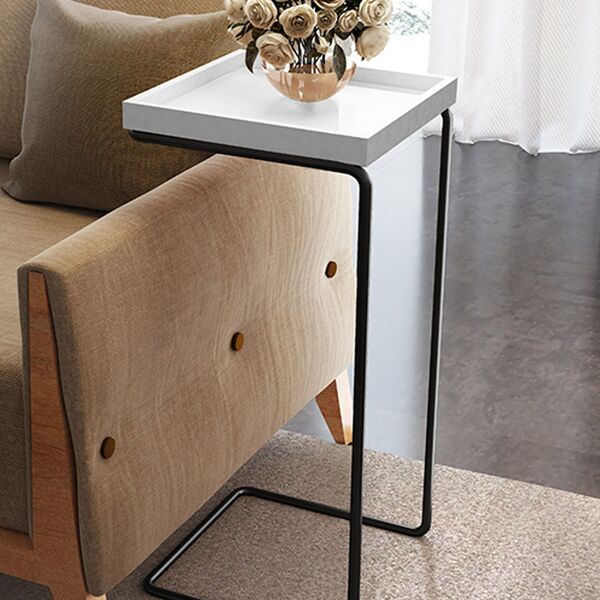 Mesa De Apoio Para Sofá Bandeja Laca Off White E Base Preta