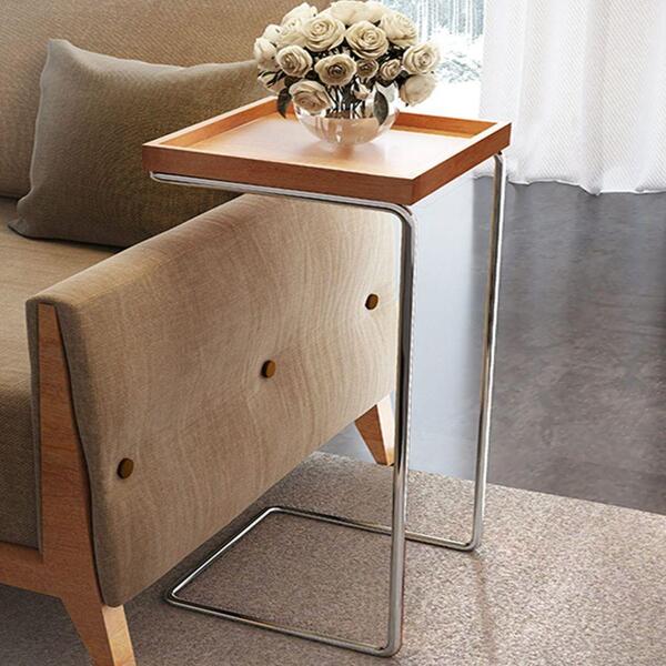 Mesa De Apoio Para Sofá Bandeja Madeira Base Cromada