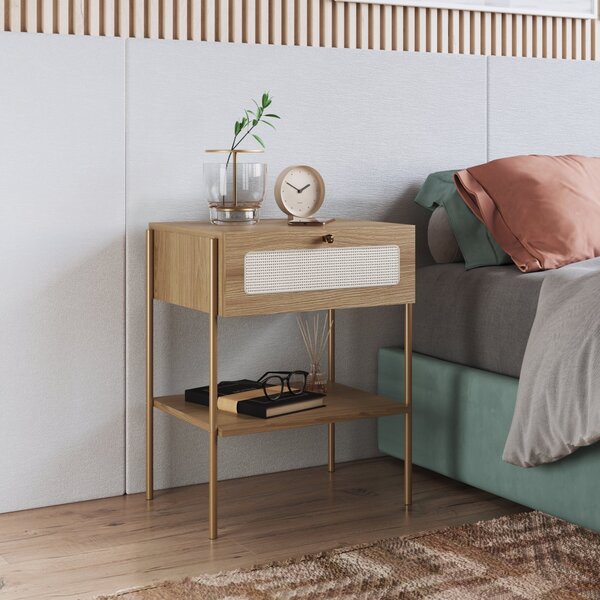 Mesa De Cabeceira 1 Gaveta Palhinha Pé Metal Dourado Oslo  Pé