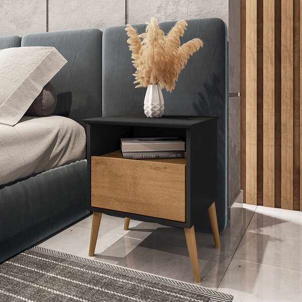 Mesa De Cabeceira 1 Gaveta Pés De Madeira Maciça Cancun  Olmo