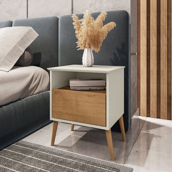 Mesa De Cabeceira 1 Gaveta Pés De Madeira Maciça Cancun  Sava