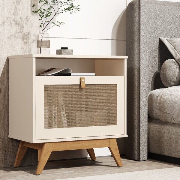 Mesa De Cabeceira 1 Porta Em Rattan Com Puxador De Couro E Ni