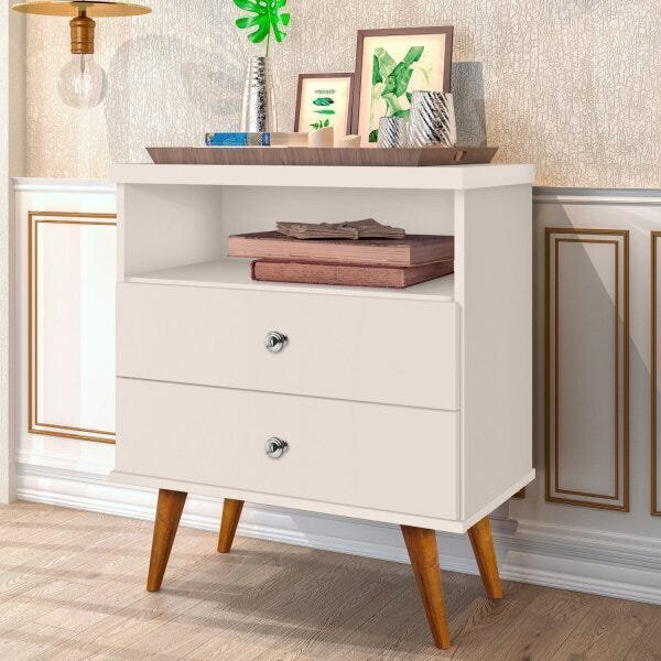Mesa De Cabeceira 2 Gavetas 1 Nicho Status  Off White