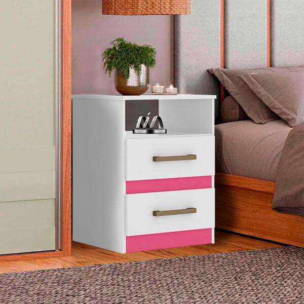 Mesa De Cabeceira 2 Gavetas Branco E Rosa Apolo Moval