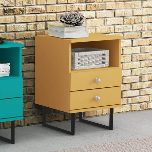 Mesa de Cabeceira 2 Gavetas Com Pés Metálico Preto - Amarelo