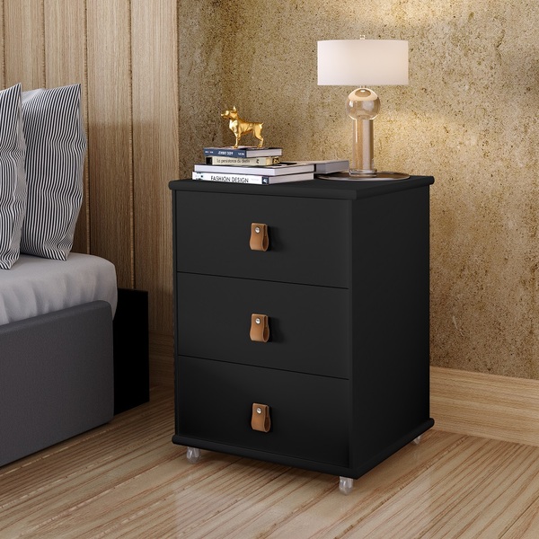 Mesa De Cabeceira 3 Gavetas 100% Mdf Land Preta Exclusiva