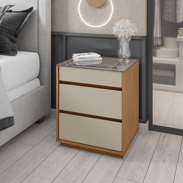 Mesa De Cabeceira 3 Gavetas Com Organizador Tampo Vidro Beliz