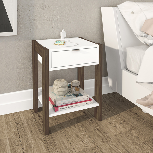 Mesa de Cabeceira 54,5X41X35,5cm Madeira Branco e Nogal TecnoMobili