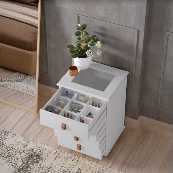 Mesa De Cabeceira  Porta Joias Com Tampo De Vidro Rossi Branco