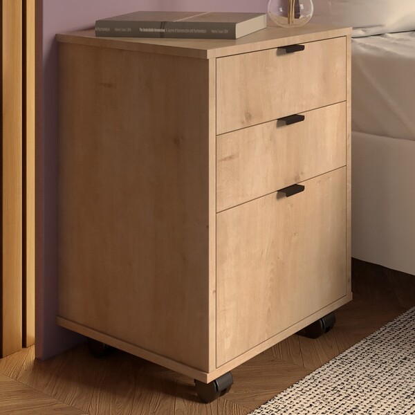 Mesa De Cabeceira Balto 3 Gavetas Com Rodízios Amadeirado - F