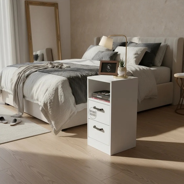 Mesa De Cabeceira Branca 30cm Com 2 Gavetas E 1 Nicho Para Qu