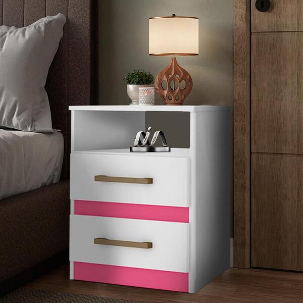 Mesa De Cabeceira Com Nicho 2 Gavetas Branco E Rosa Cuca Shop