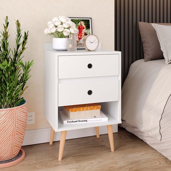 Mesa de Cabeceira com Nicho e Duas Gavetas Retrô Mesinha Late