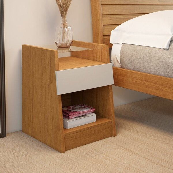 Mesa de Cabeceira com Prateleira em Vidro 1 Gaveta 2 Nicho Ca