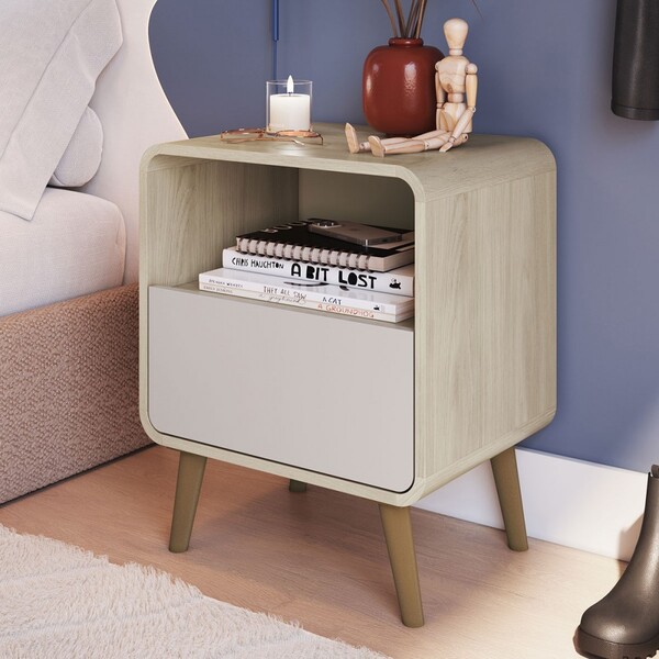 Mesa De Cabeceira Curve 1 Gaveta Carvalho Araguaia/bege Dunas