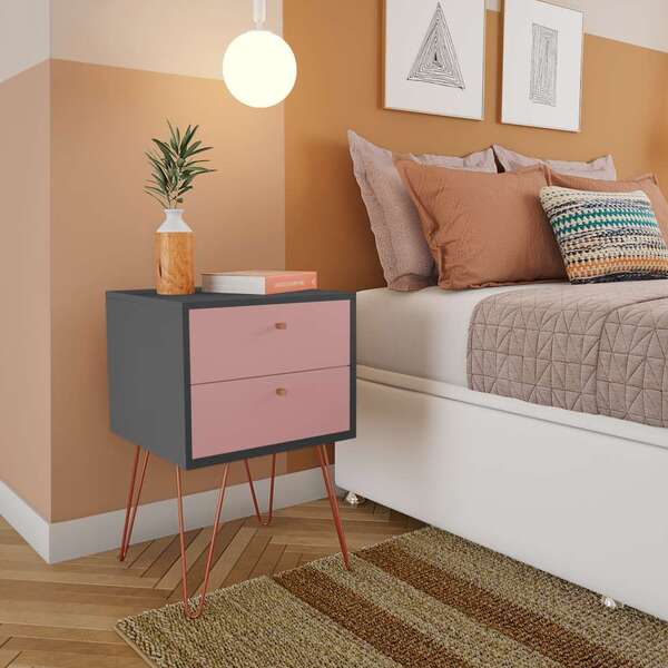 Mesa De Cabeceira Dino 2 Gv Grafite E Rosé