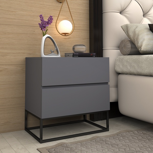 Mesa De Cabeceira Eros Cinza Estilo Industrial Com Puxadores