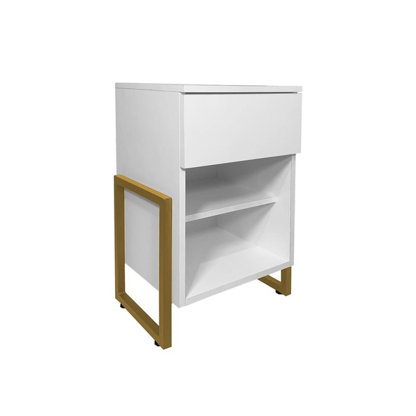 Mesa De Cabeceira Gaya 1 Gaveta Branco Base Indústrial Dourad