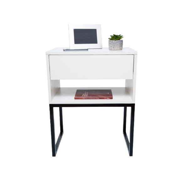 Mesa De Cabeceira Industrial Off White Eco 65cm Base Preta